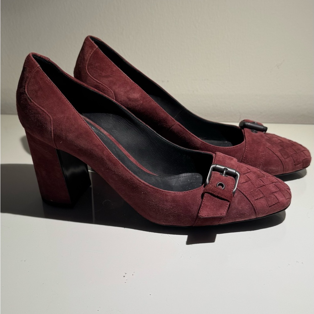 Bottega Veneta Burgundy Heels with Quilted Suede and Buckle